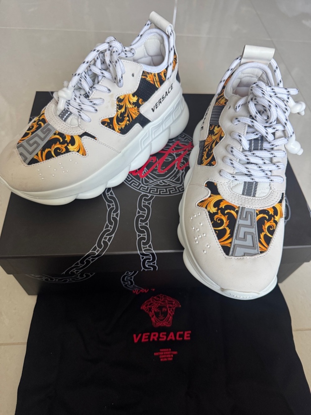 Versace White Sneakers with Gold Baroque Accents